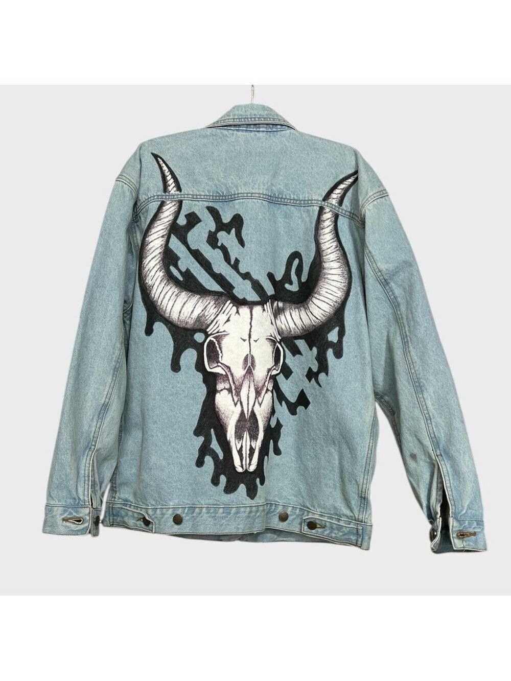 Vintage 80s Cobra Denim Jacket OOAK Hand Drawn Painted Longhorn Skull Punk Boho